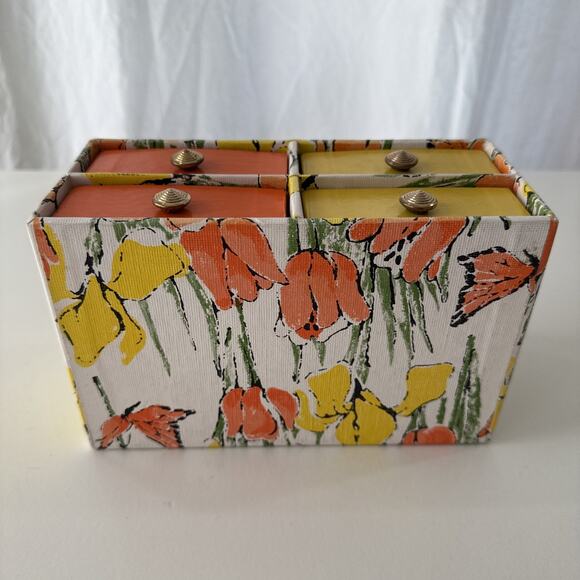 Vintage 1960s Jewelry Box 4-Drawer Orange Yellow Floral MCM Tulip Design 8x5 in - Picture 8 of 12
